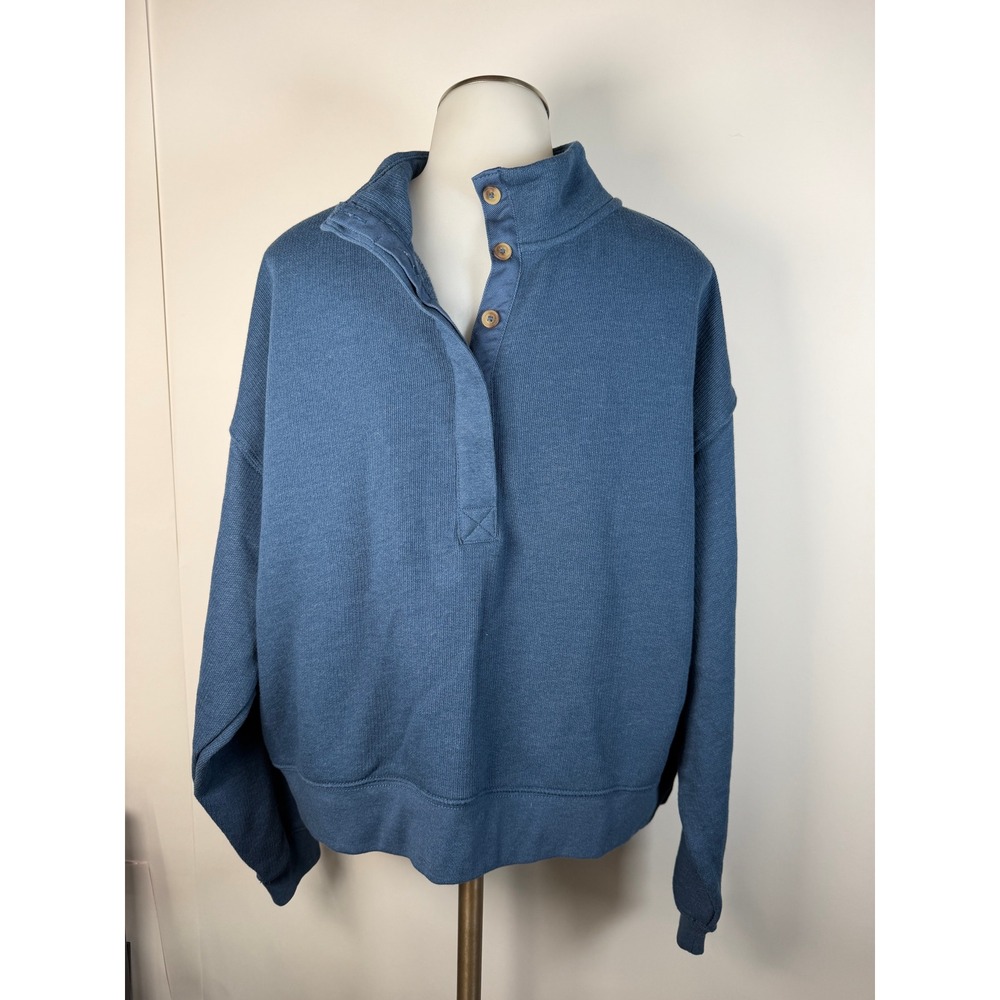 American Eagle Blue Button Up Mock Neck Sweatshirt XL Relaxed Fit Pullover